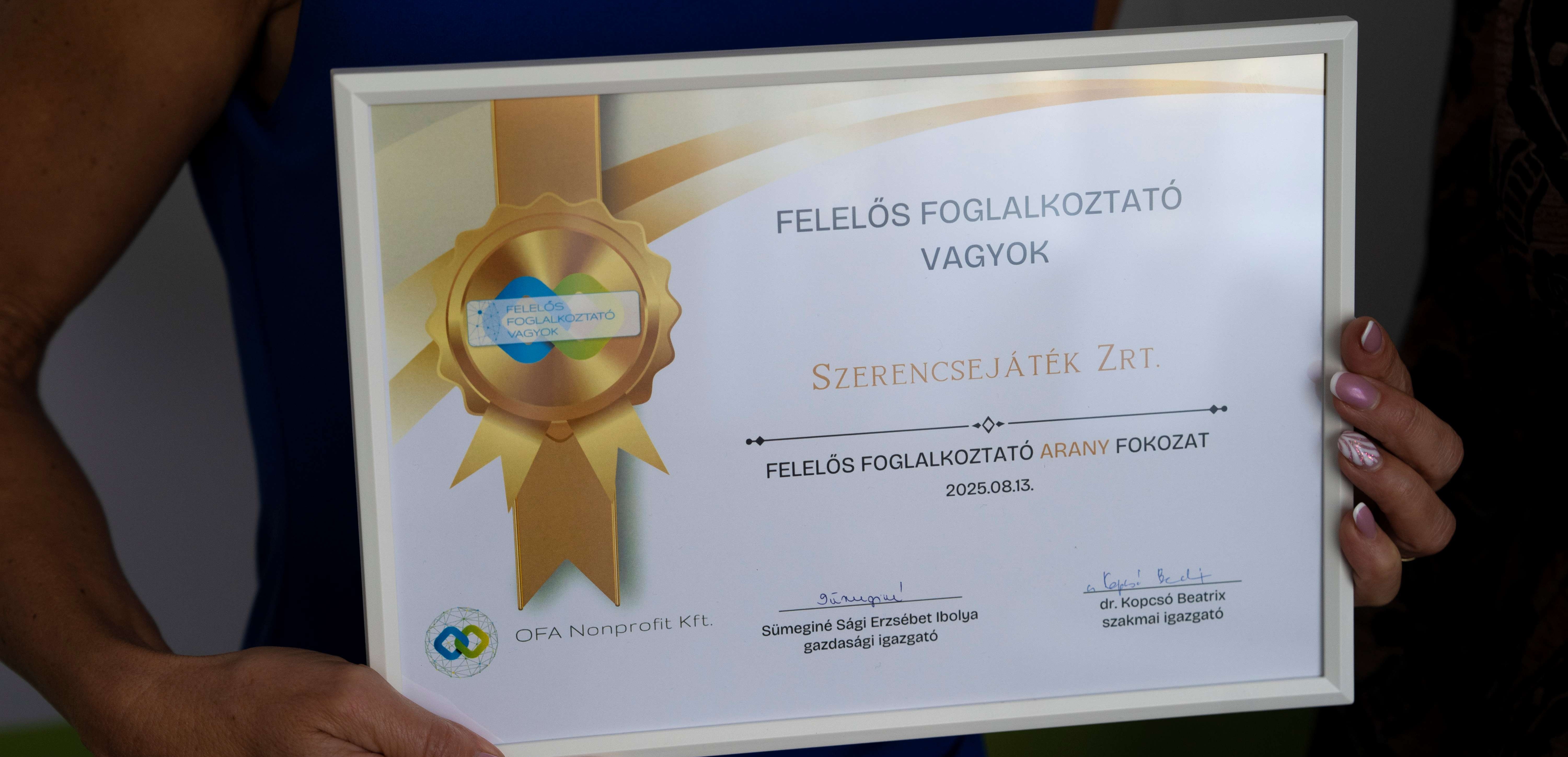Felelős foglalkoztatói arany tanúsítványt vehetett át a Szerencsejáték Zrt.